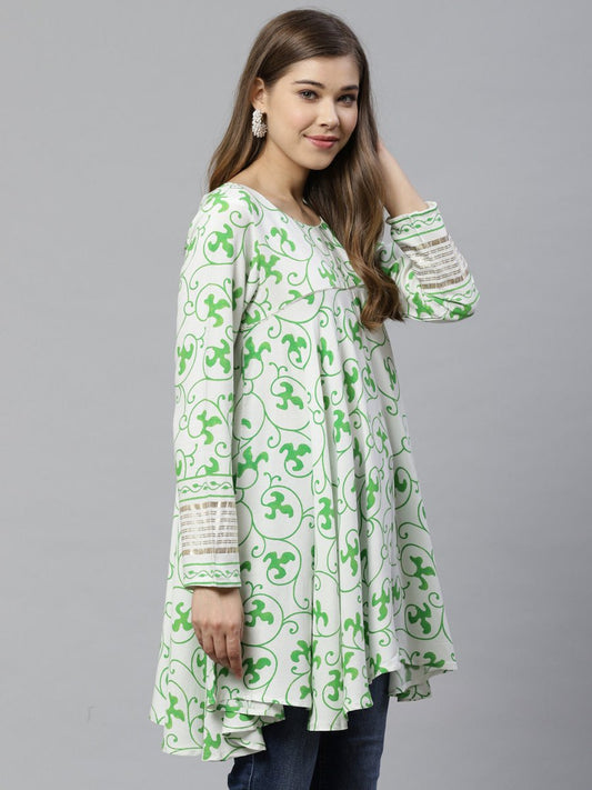 Ahalyaa White & Green Ethnic Printed Asymmetric Tunic | Swadesiicart