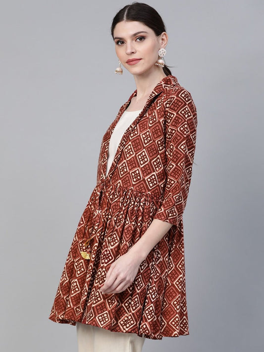 Ahalyaa Brown & Cream-Coloured Printed A-Line Tunic | Swadesiicart