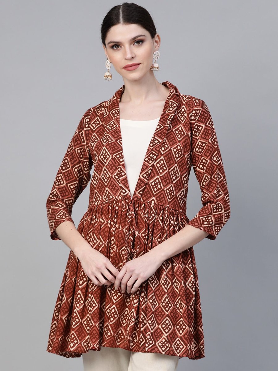 Ahalyaa Brown & Cream-Coloured Printed A-Line Tunic | Swadesiicart