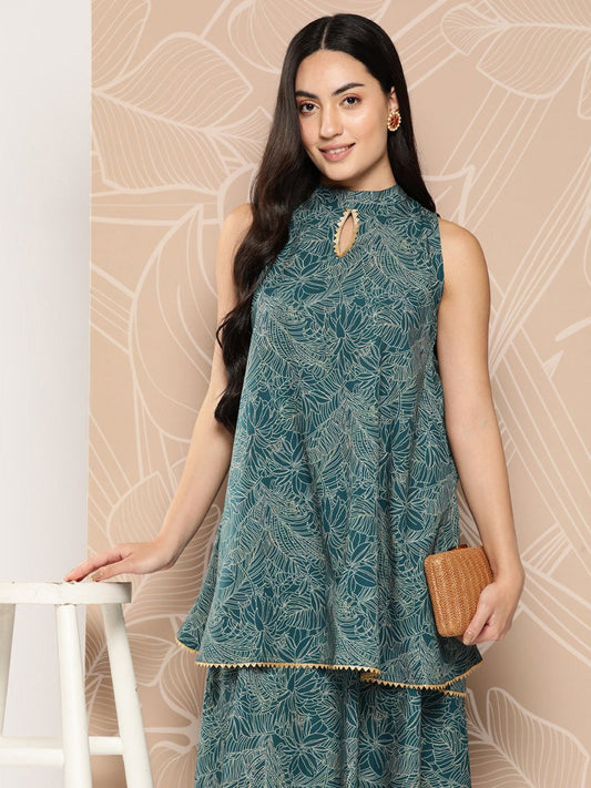 Ahalyaa Printed Crepe Ethnic Halter Neck Tunic With Skirt | Swadesiicart