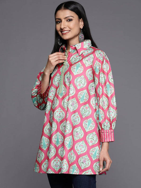 Ahalyaa Fuchsia Shirt Collar Velvet Digital Printed Tunic | Swadesiicart
