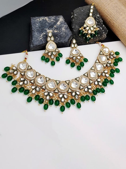 Jewel City Gold-Plated Kundan Choker Necklace Set with Beads & Maang Tikka | Traditional Indian Bridal Jewelry | Swadesiicart