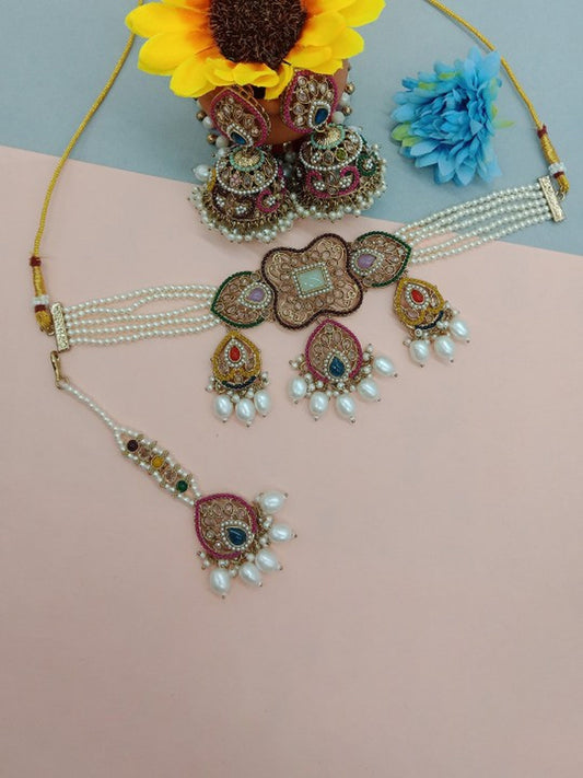 Jewel City Gold-Plated Handcrafted Kundan Bridal Jewelry Set | Traditional Ethnic Necklace, Earrings, Maang Tikka for all Occasions | Swadesiicart