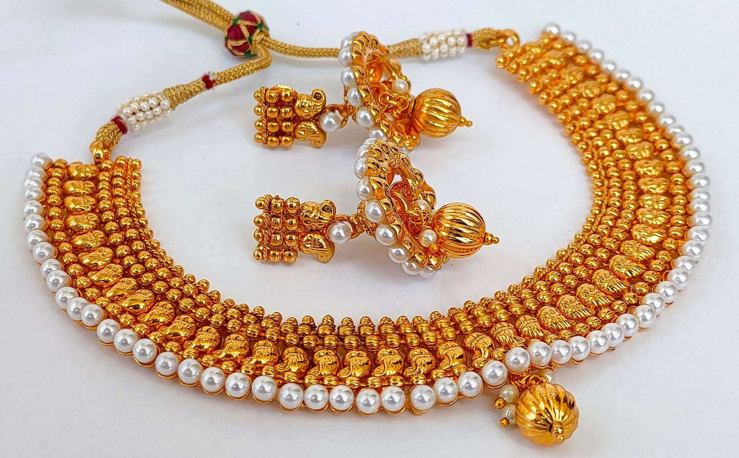 Metallic Mango Necklace Set With White Beads - Swadesiicart