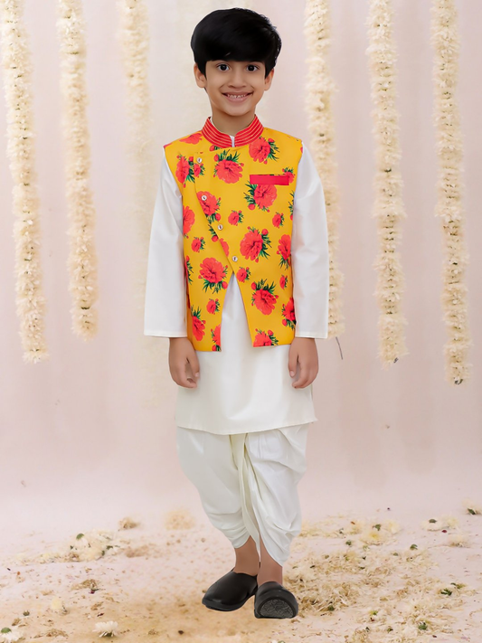 Lil Drama Genda Phool White Kurta and Dhoti with Mustard Jacket Set for Boys | Swadesiicart