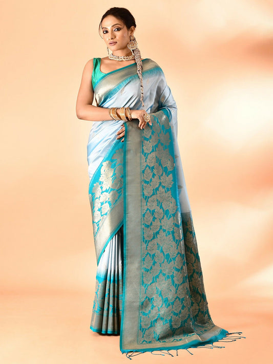 Joban Fashion Sky Blue & Rama Plain With Weaving Border Banarasi Silk Sarees | Swadesiicart