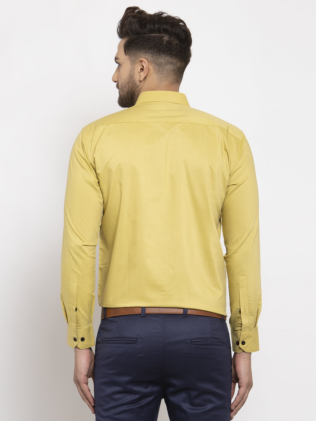 Jainish Lime Yellow Formal Shirt with black detailing | Swadesiicart