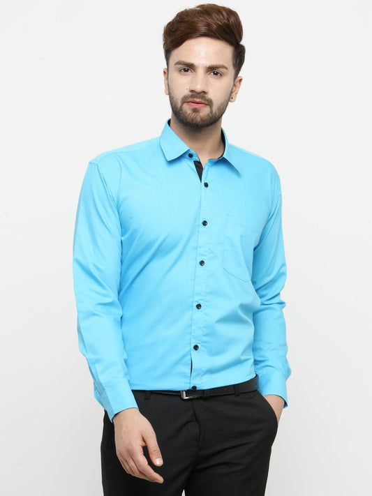 Jainish Sky Blue Formal Shirt with black detailing ( SF 411Sky ) | Swadesiicart