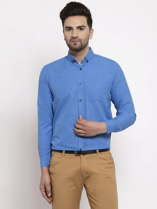 Jainish Blue Men's Cotton Solid Button Down Formal Shirts ( SF 734Blue ) | Swadesiicart