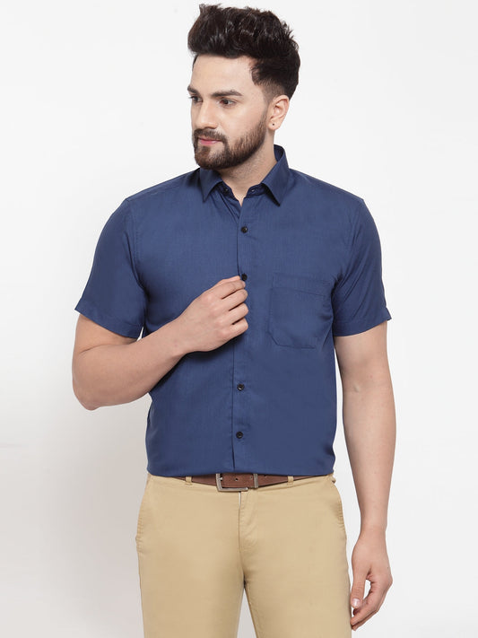 Jainish Blue Men's Cotton Half Sleeves Solid Formal Shirts ( SF 754Peacock ) | Swadesiicart