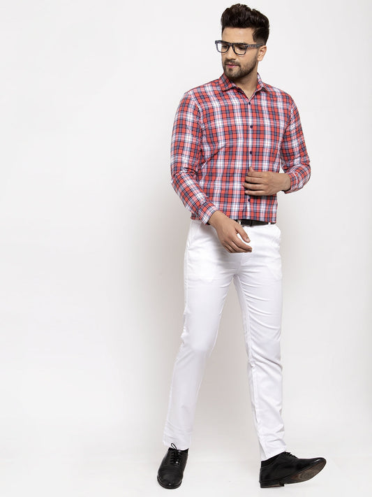Jainish Red Men's Cotton Checked Formal Shirt | Swadesiicart