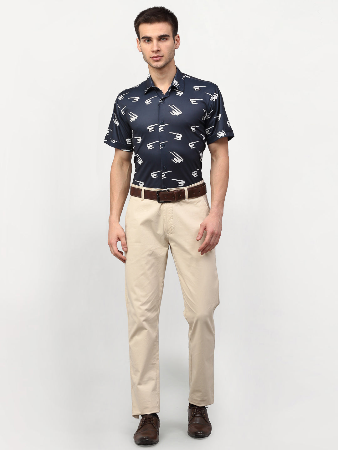 Jainish Navy Blue Men's Printed Lycra Half Sleevess Formal Shirts ( SF 778Navy ) | Swadesiicart