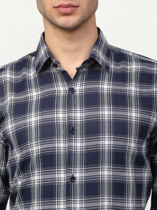 Jainish Navy Blue Men's Checked Formal Shirts ( SF 779Navy ) | Swadesiicart