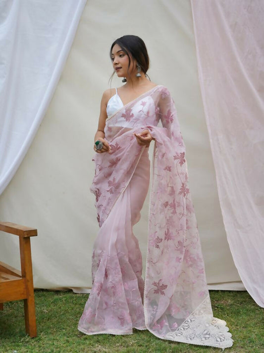 Vamsee Ishaq Baby Pink Organza Saree - Swadesiicart