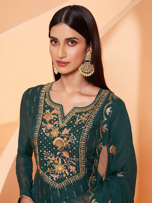 Myra Dark Green Heavy Embroidered Sharara Suit | Swadesiicart