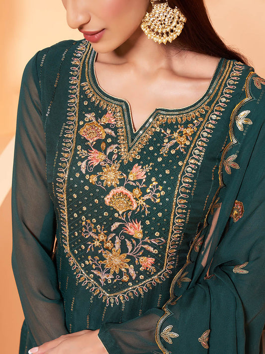 Myra Dark Green Heavy Embroidered Sharara Suit | Swadesiicart