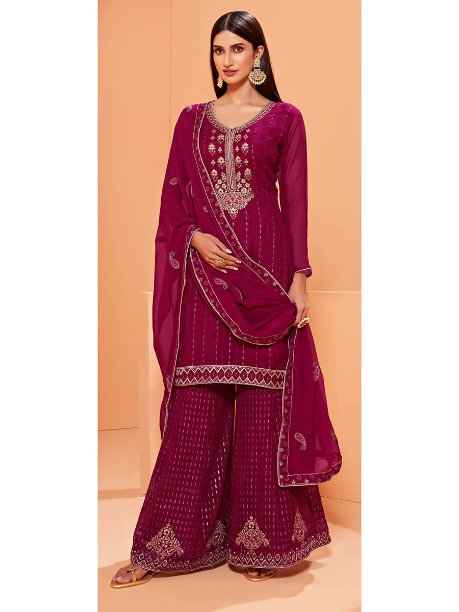 Myra Magenta Heavy Embroidered Sharara Suit | Swadesiicart