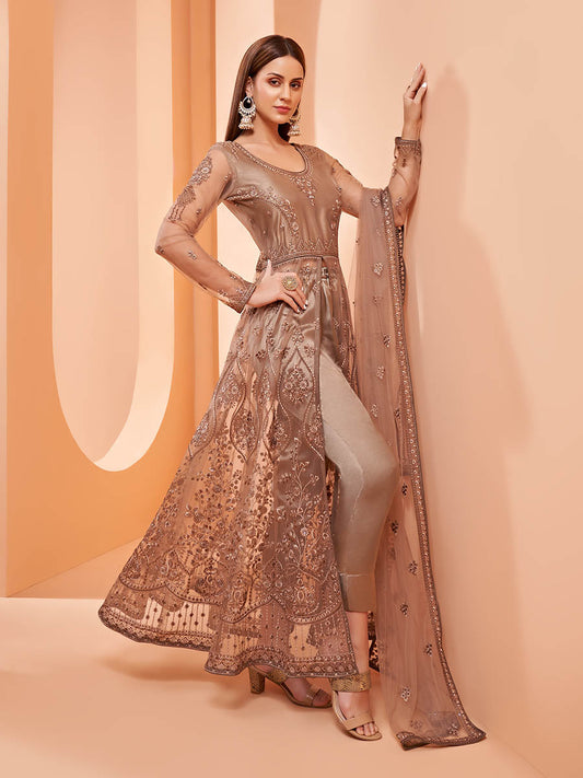 Myra Brown Butterfly Net Embroidery Anarkali | Swadesiicart