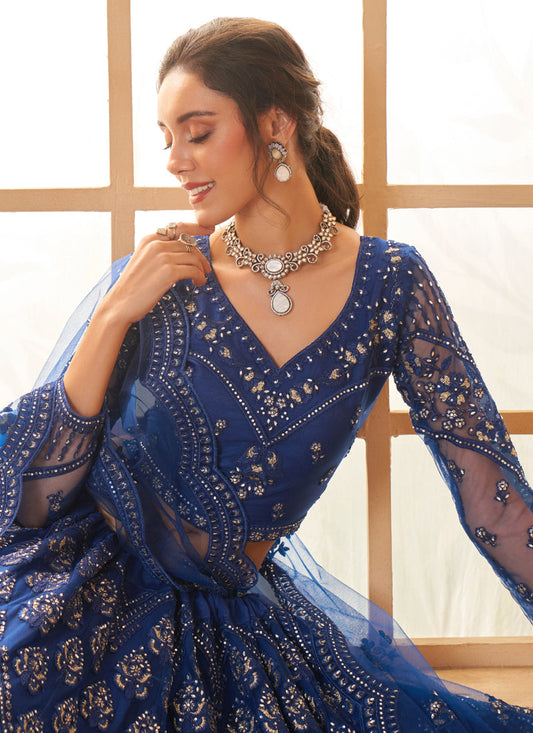 Vegaa Fashion Blue Net Thread Work Wedding Lehenga - Swadesiicart