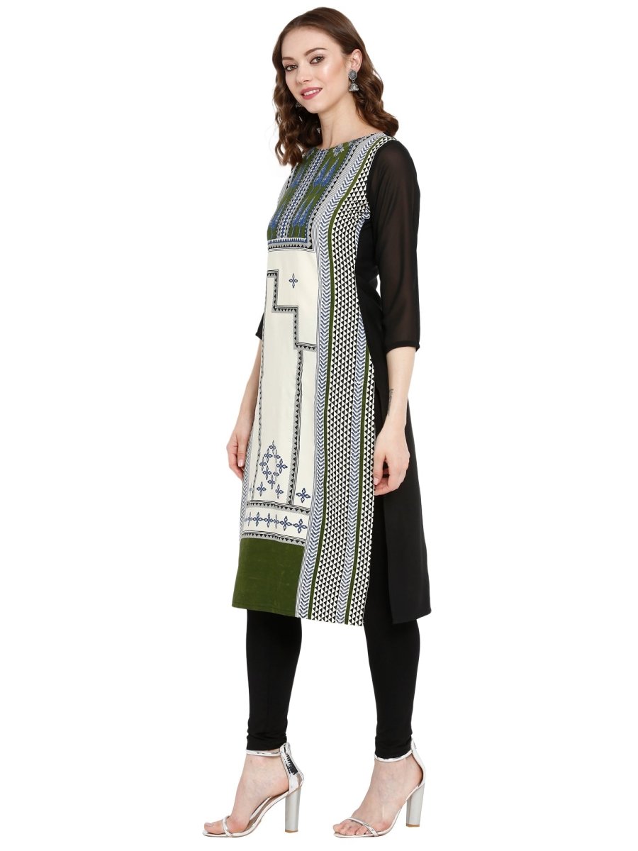 Ahalyaa Women Black & Cream-Coloured Printed Straight KurtI | Swadesiicart