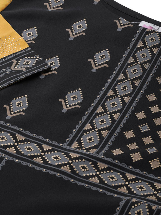 Ahalyaa Black & Grey Screen Print Straight Kurta | Swadesiicart