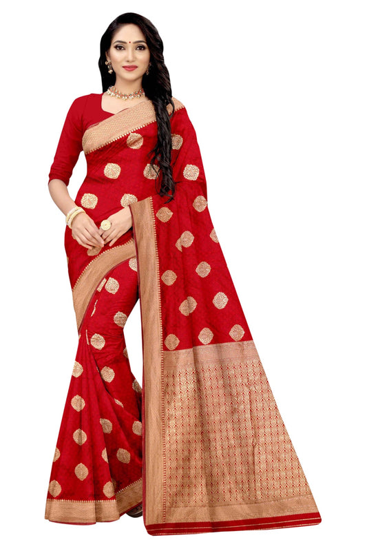Vamika Red Weaving Banarasi Jacquard Saree | Swadesiicart