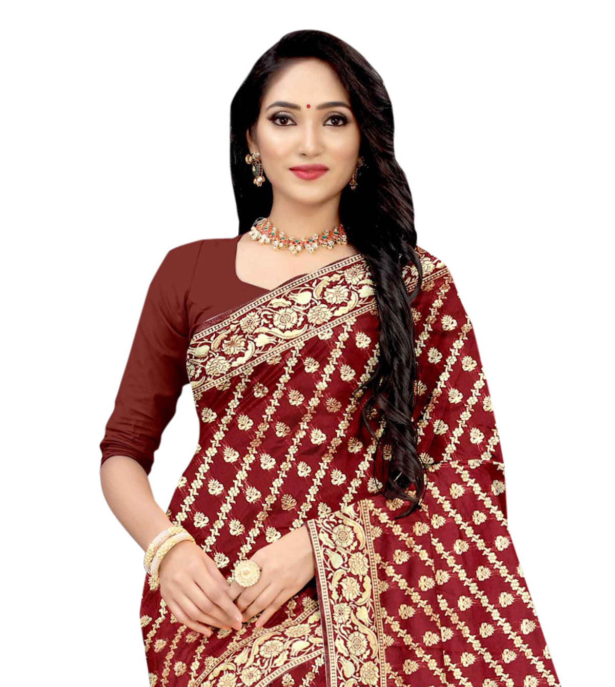 Vamika Maroon Weaving Banarasi Jacquard Saree | Swadesiicart