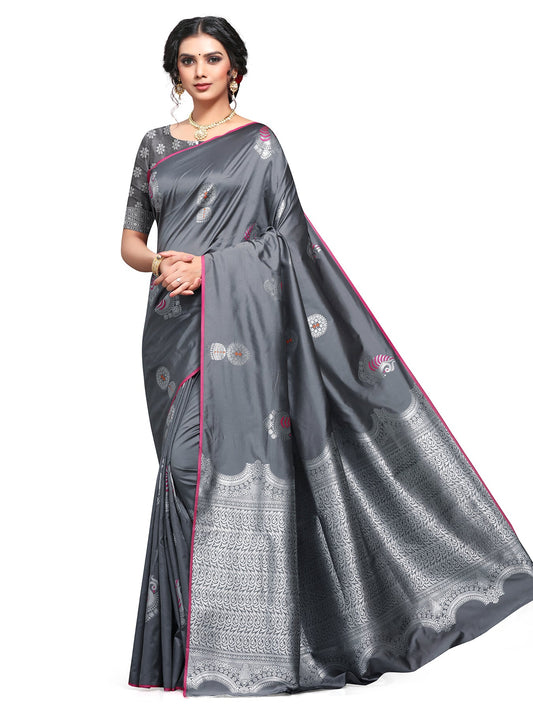 Vamika Weaving Banarasi Jacquard Grey Kanjivaram Saree | Swadesiicart