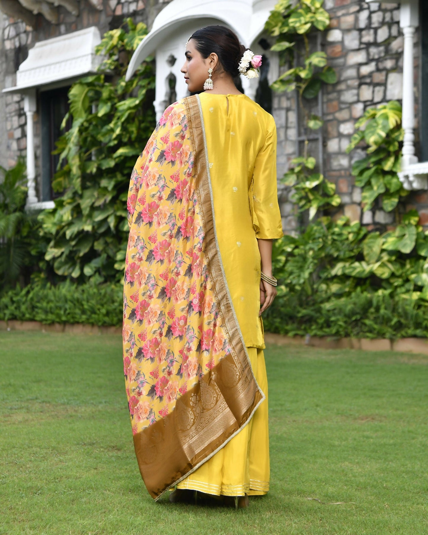 Vaasva Women's Silk Mustard Emboidered Solid Kurta, Sharara & Dupatta Set | Swadesiicart