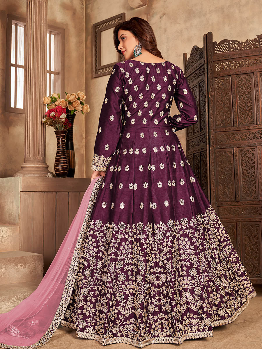Myra Wine Art silk Embroidered Pant Style Anarkali Suit | Swadesiicart