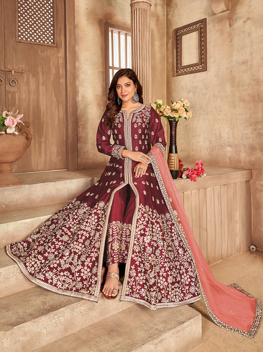 Myra Maroon Art silk Embroidered Pant Style Anarkali Suit | Swadesiicart