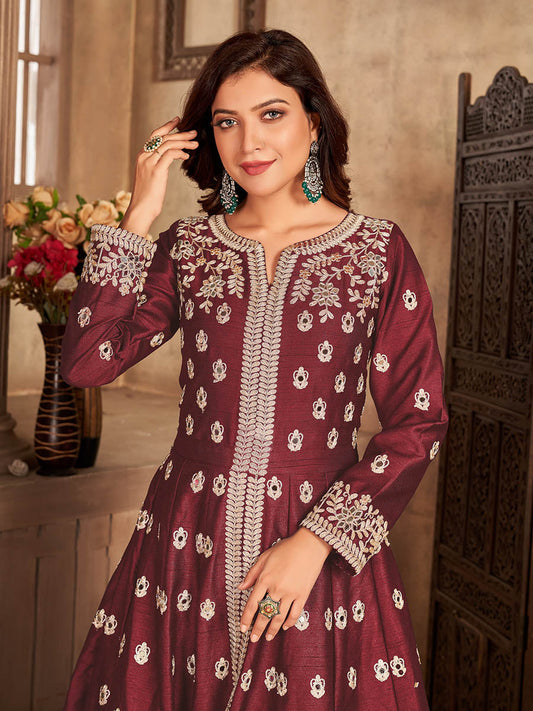 Myra Maroon Art silk Embroidered Pant Style Anarkali Suit | Swadesiicart