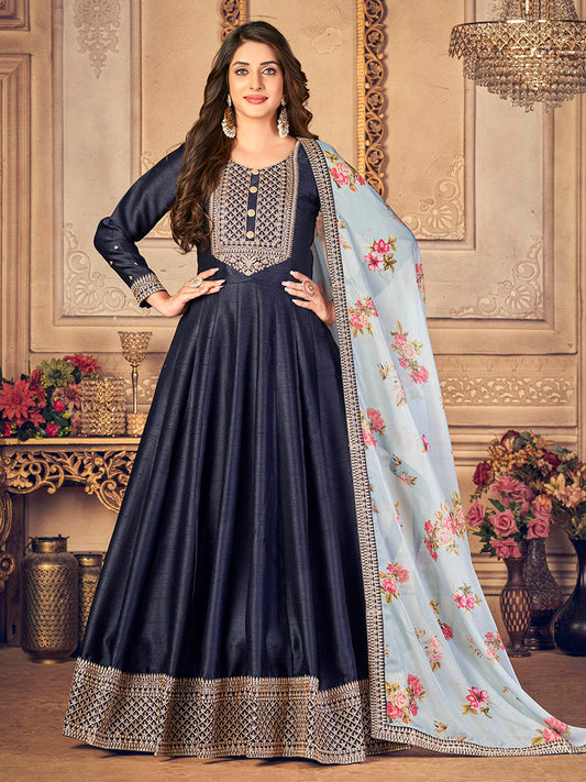 Myra Navy Blue Silk Slub Embroidered Anarkali Suit | Swadesiicart