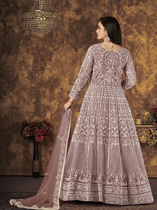 Myra Dusty Brown Butterfly Net Embroidered Anarkali Suit | Swadesiicart