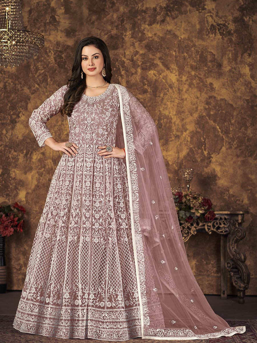 Myra Dusty Brown Butterfly Net Embroidered Anarkali Suit | Swadesiicart
