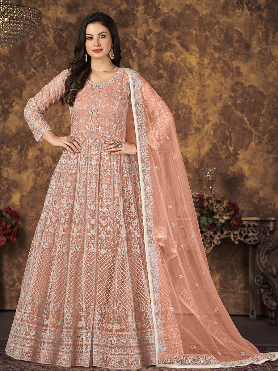Myra Dusty Peach Butterfly Net Embroidered Anarkali Suit | Swadesiicart