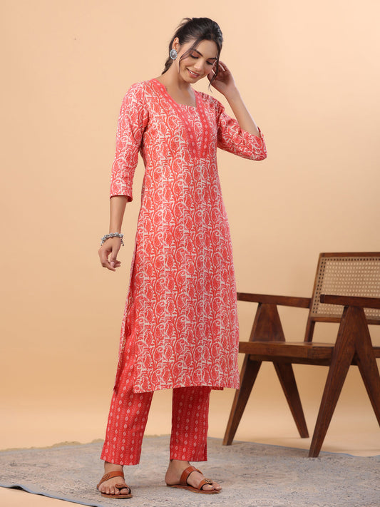 Janasya Regular Poly Cotton Red Printed Square Neck Set - Swadesiicart