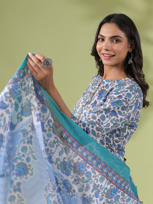 Janasya Regular Poly Cotton White Floral Round Neck Kurta Set - Swadesiicart