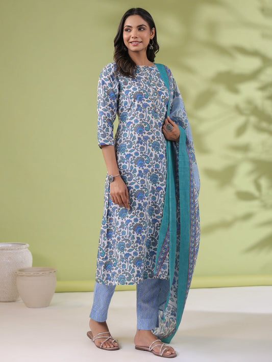 Janasya Regular Poly Cotton White Floral Round Neck Kurta Set - Swadesiicart