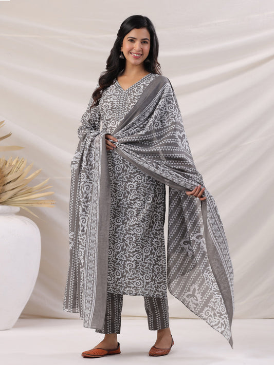 Janasya Regular Poly Cotton Grey Ethnic Motifs V-Neck Kurta,Bottom & Dupatta | Swadesiicart
