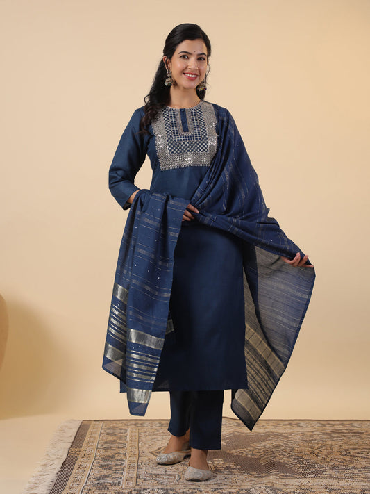 Janasya Straight Magics Slub Blue Embroidered Round Neck Kurta,Bottom & Dupatta | Swadesiicart