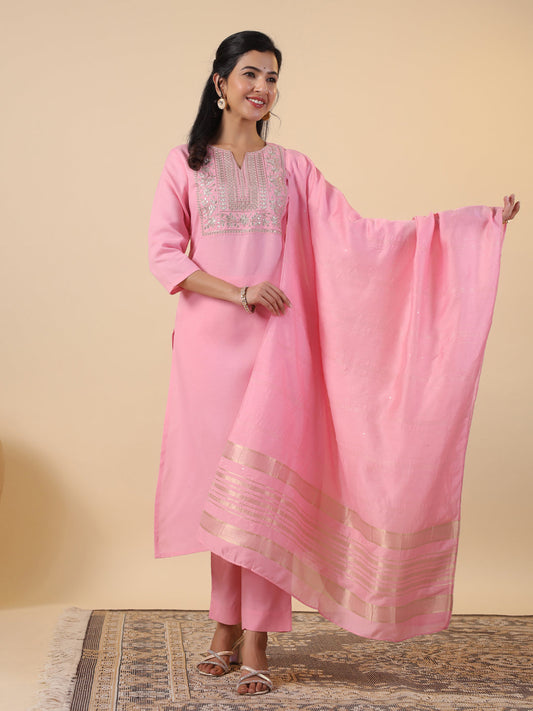 Janasya Straight Magics Slub Pink Embroidered Notch Neck Kurta,Bottom & Dupatta | Swadesiicart