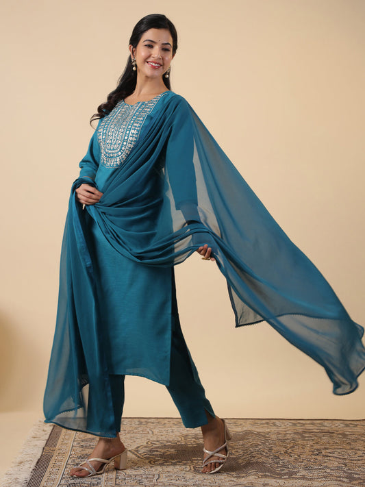 Janasya Straight Magics Slub Teal Embroidered Round Neck Kurta,Bottom & Dupatta | Swadesiicart