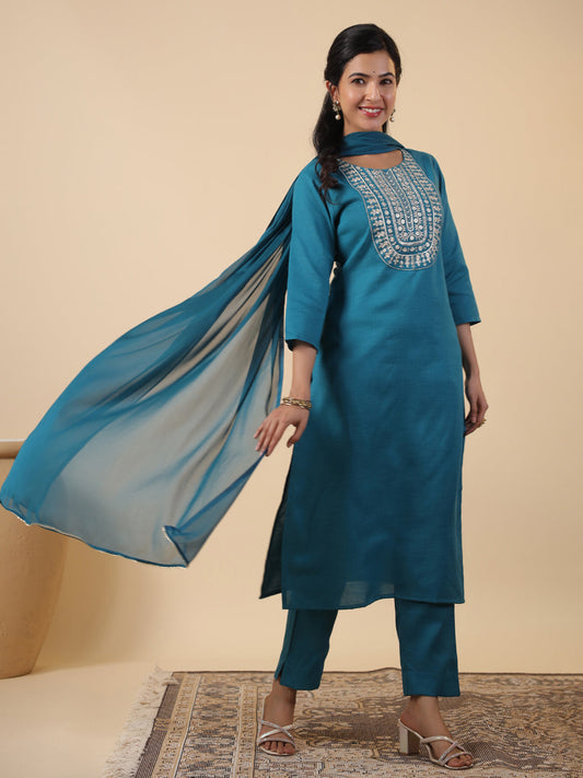 Janasya Straight Magics Slub Teal Embroidered Round Neck Kurta,Bottom & Dupatta | Swadesiicart