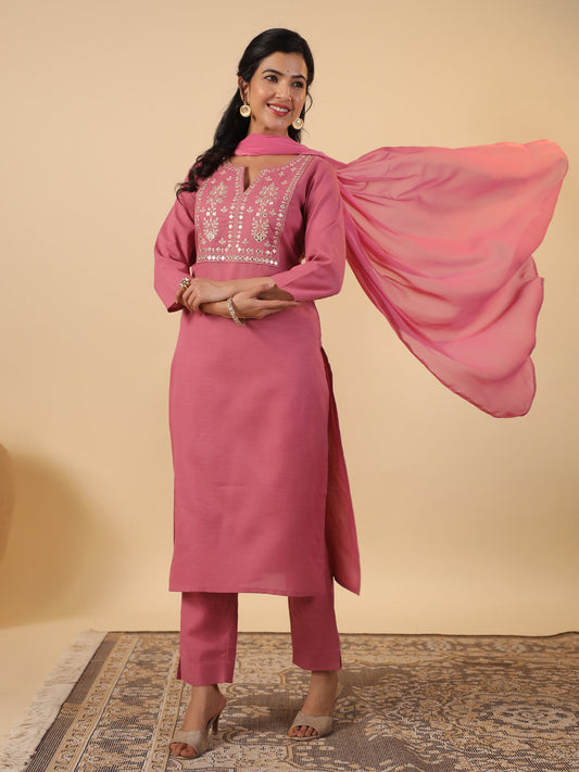 Janasya Straight Magics Slub Pink Embroidered Notch Neck Kurta,Bottom & Dupatta | Swadesiicart