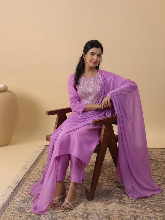Janasya Straight Magics Slub Lavender Embroidered Round Neck Kurta,Bottom & Dupatta | Swadesiicart