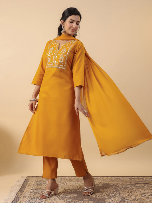 Janasya Straight Magics Slub Mustard Embroidered Notch Neck Kurta,Bottom & Dupatta | Swadesiicart