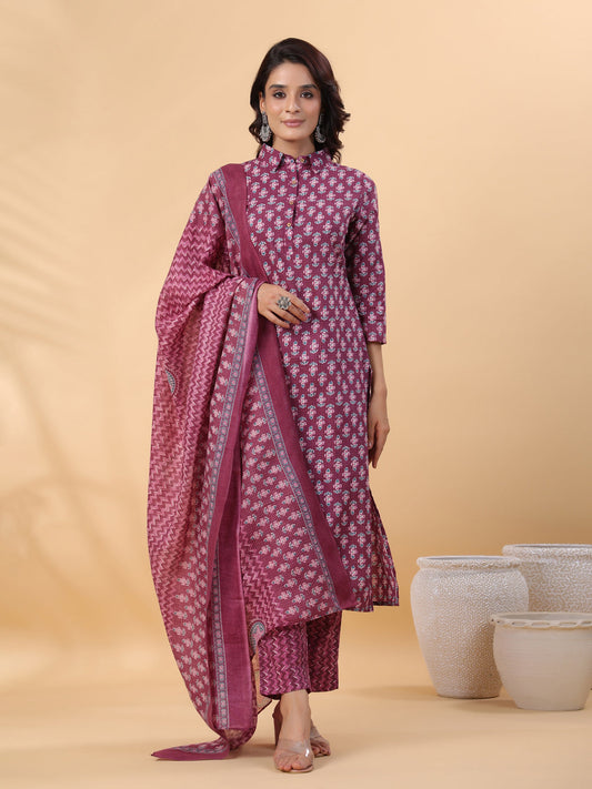 Janasya Regular Poly Cotton Purple Printed Shirt Collar Kurta,Bottom & Dupatta - Swadesiicart