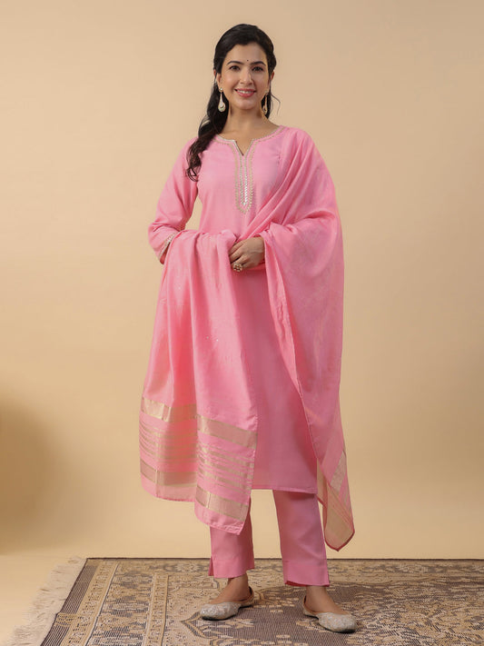 Janasya Regular Magics Slub Baby Pink Solid Notch Neck Kurta,Bottom & Dupatta | Swadesiicart