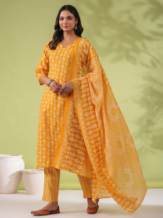 Janasya Regular Poly Cotton Mustard Gemometric V-Neck Kurta Set - Swadesiicart